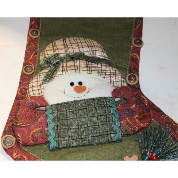Rustic Country Plaid Snowman Christmas Stocking Faux Fur Trim & Decorative Butto - Picture 3 of 7